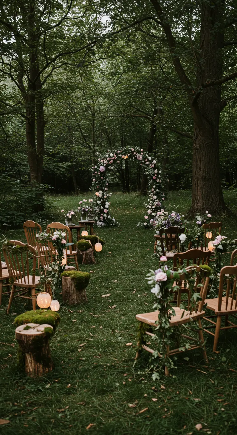 Sprookjesachtige bosceremonie met houten stoelen versierd met klimop en mos.