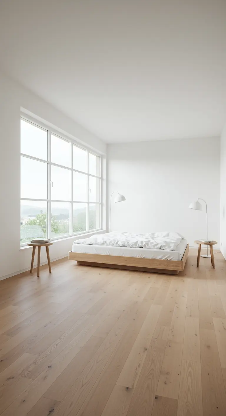 Minimalistische slaapkamer met lage houten bed, grote ramen, houten krukjes en vloerlampen.