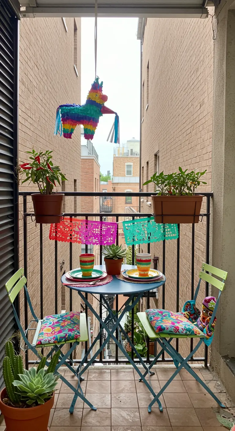 Klein balkon ingericht voor een Mexicaans feestje voor twee.