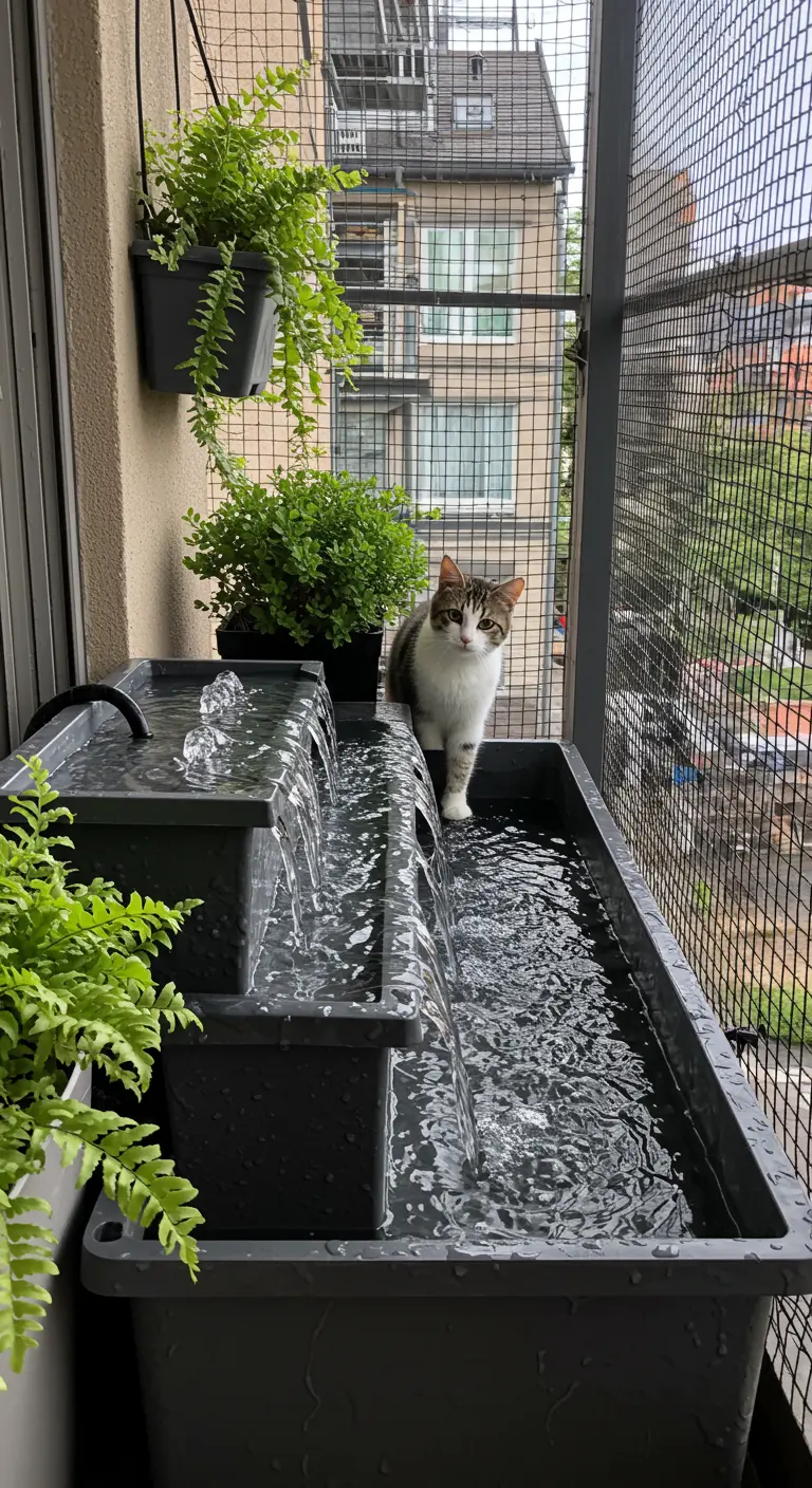 Kat kijkt nieuwsgierig naar een kleine, stromende waterfontein op het balkon.
