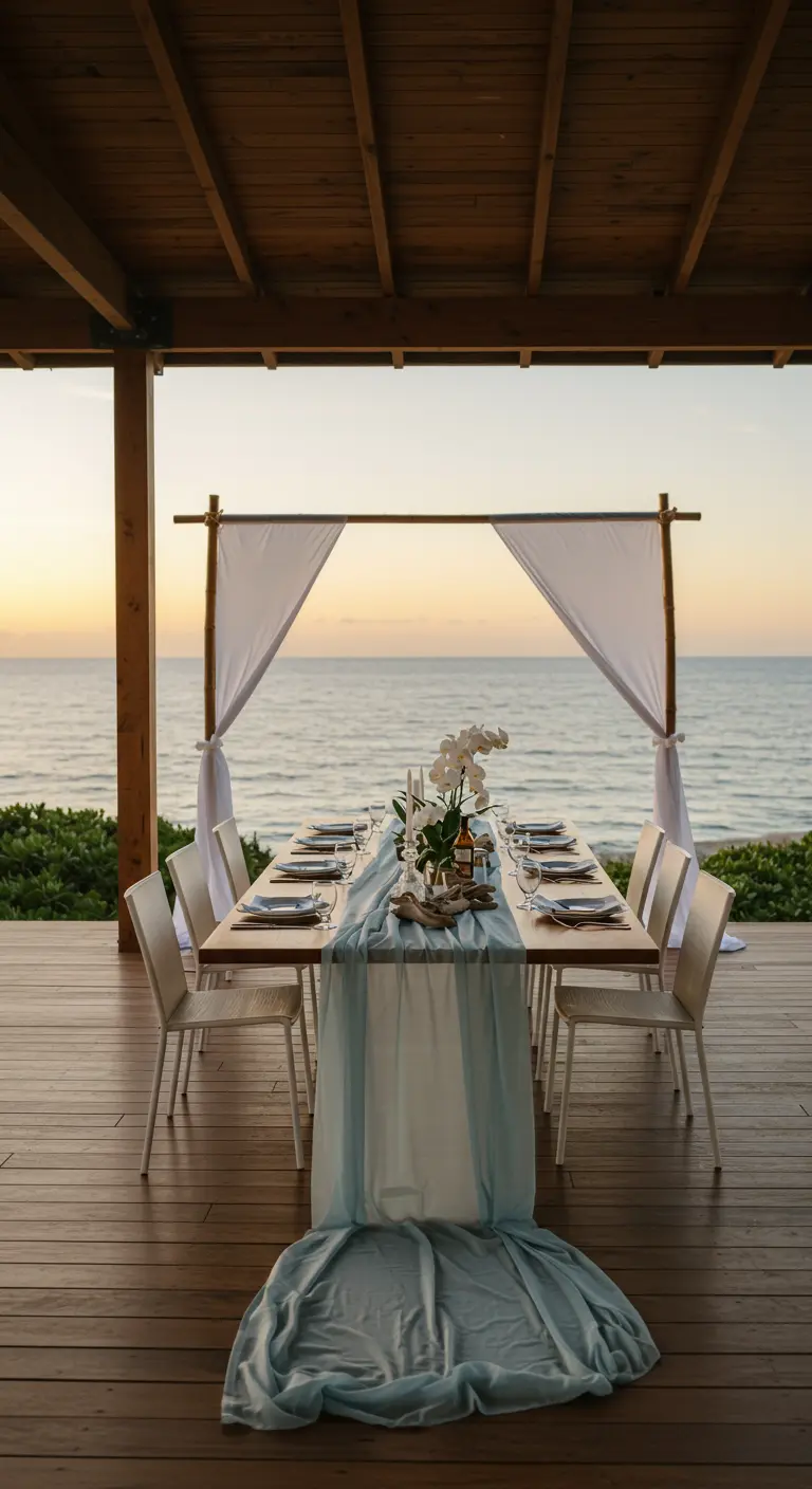 Dinertafel op een terras met uitzicht op zee en een witte doek.