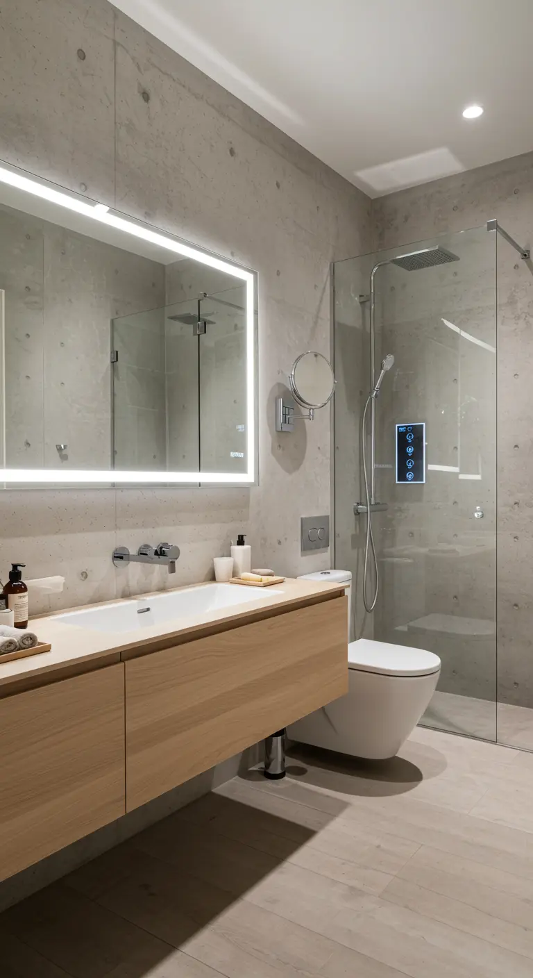 Moderne badkamer met betonlook, zwevend toilet en een spiegel met ledverlichting.