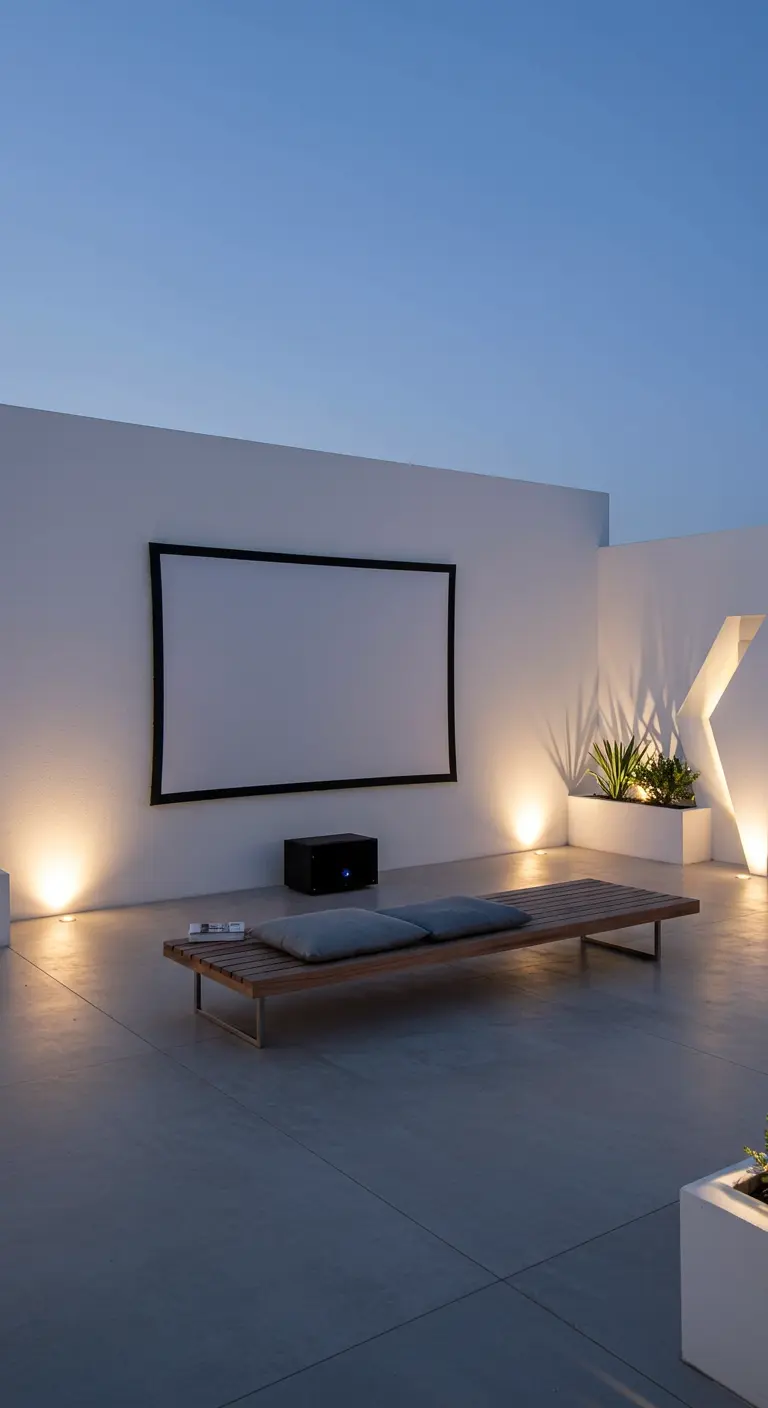 Minimalistische dakterrasbioscoop met een strakke witte muur en een lage houten designbank.