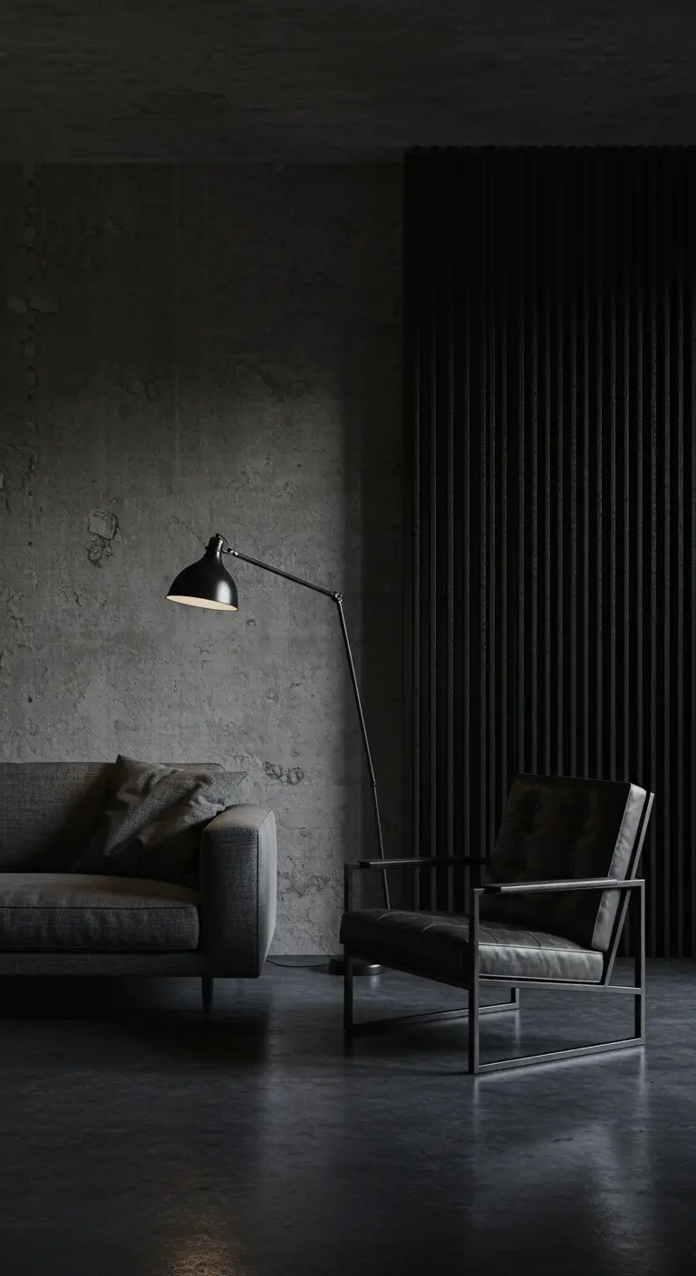 Donkere, minimalistische woonkamer met betonnen muur en een zwarte designfauteuil.