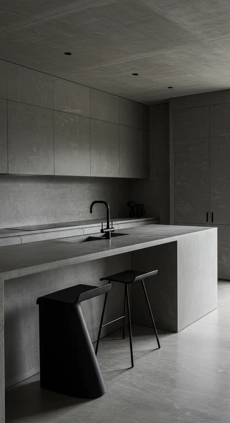 Minimalistische betonnen keuken met strakke lijnen en matzwarte accessoires.