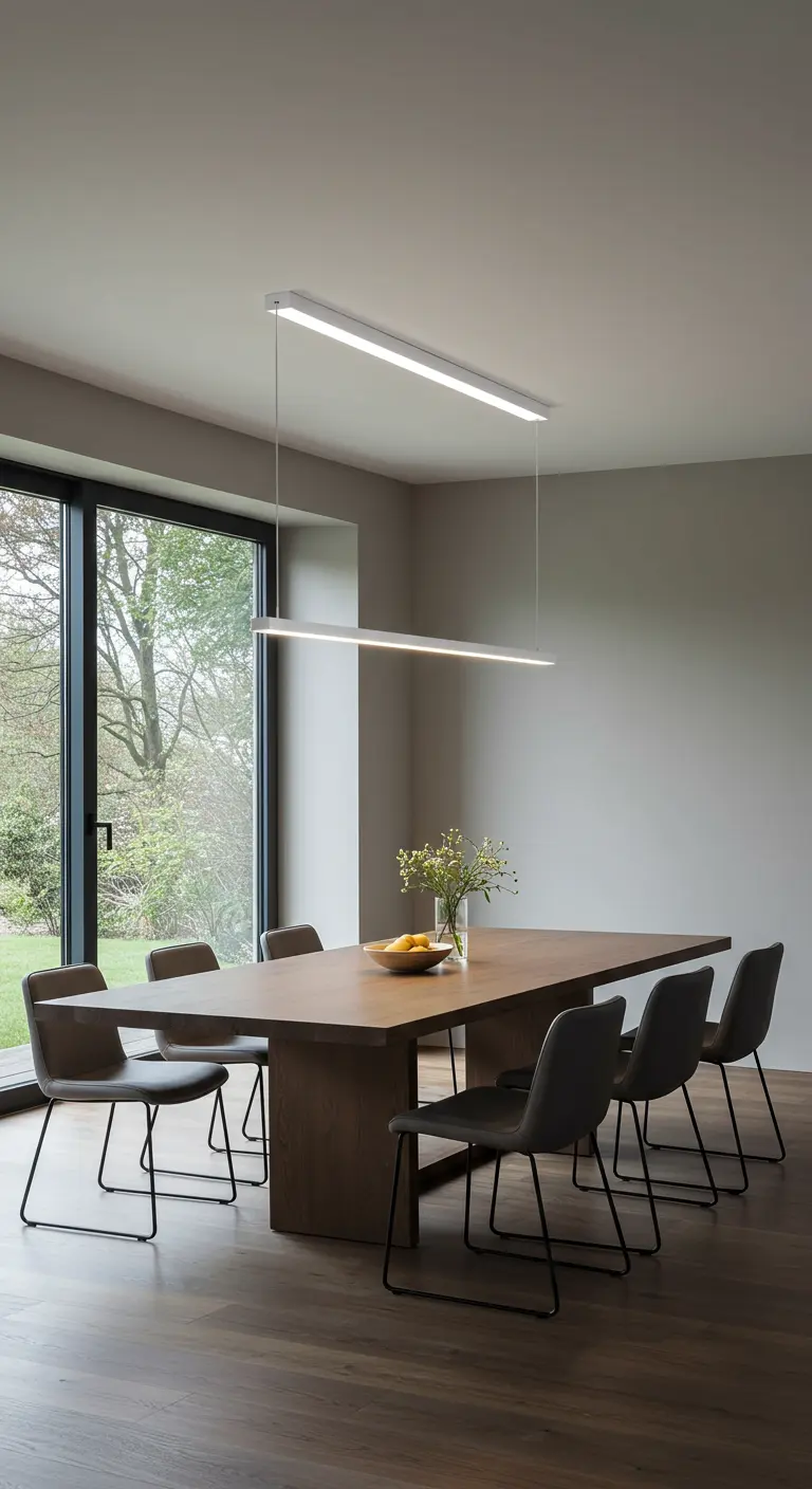 Minimalistische eetkamer met twee strakke, witte led-lichtbalken boven een donkere tafel.