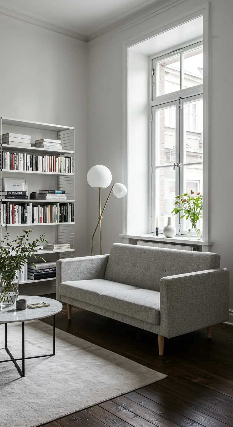 Lichte woonkamer met grijze bank, String-boekenrek, ronde vloerlamp en hoge ramen.
