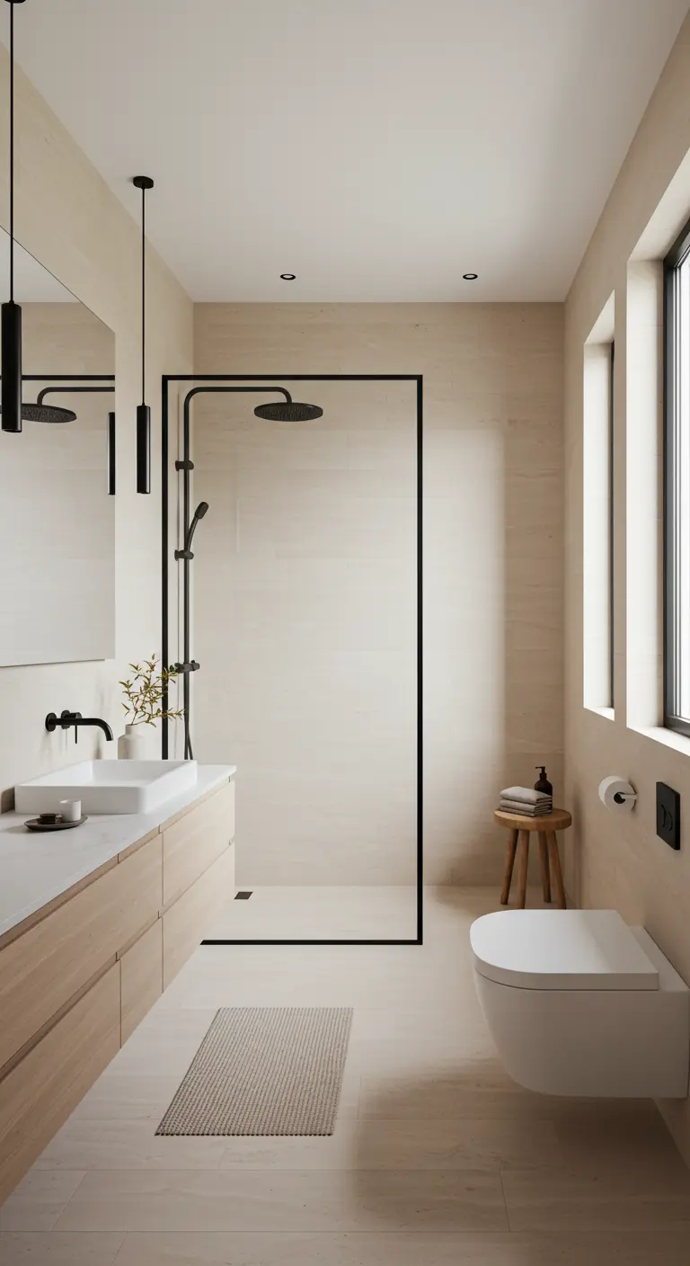 Strakke, lichte badkamer met een inloopdouche met een dun zwart frame.