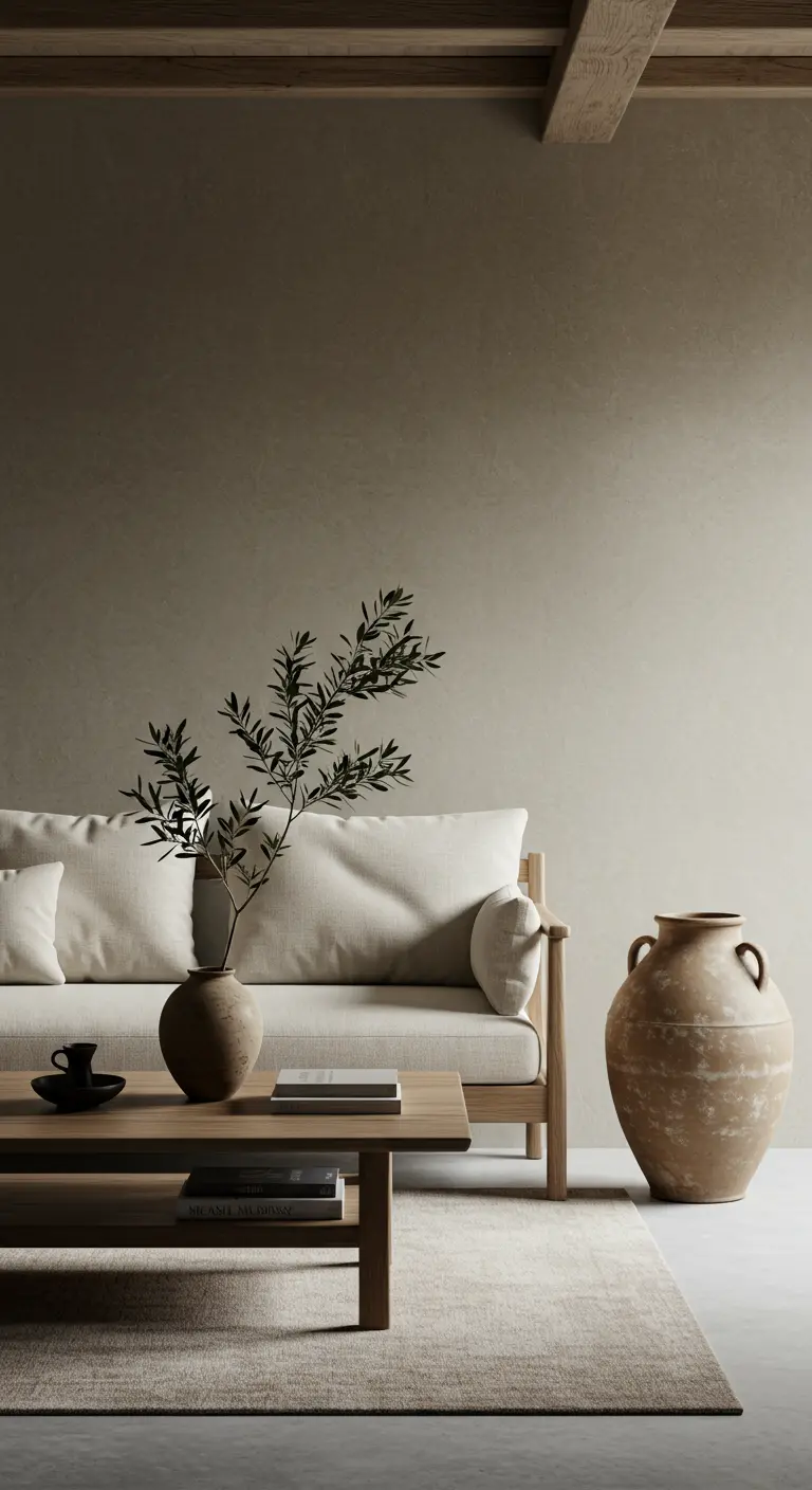Minimalistische woonkamer met een greige kalkmuur, lichte bank en een olijftak in een vaas.