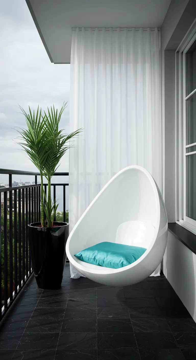 Moderne witte hangstoel in druppelvorm met turquoise kussen op een strak, zwart betegeld balkon.