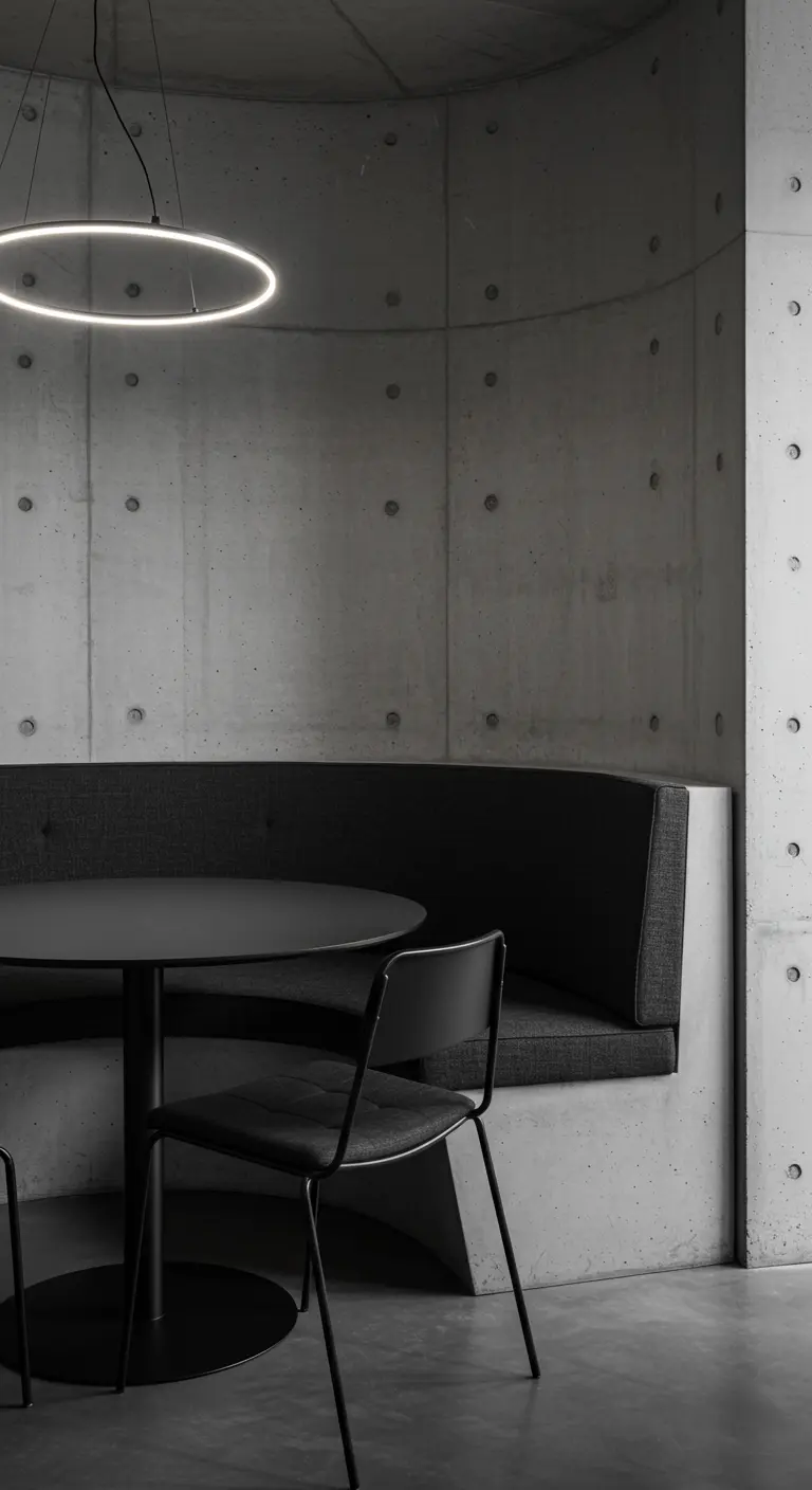 Minimalistische betonnen eethoek met een ingebouwde donkergrijze bank en zwarte meubels.