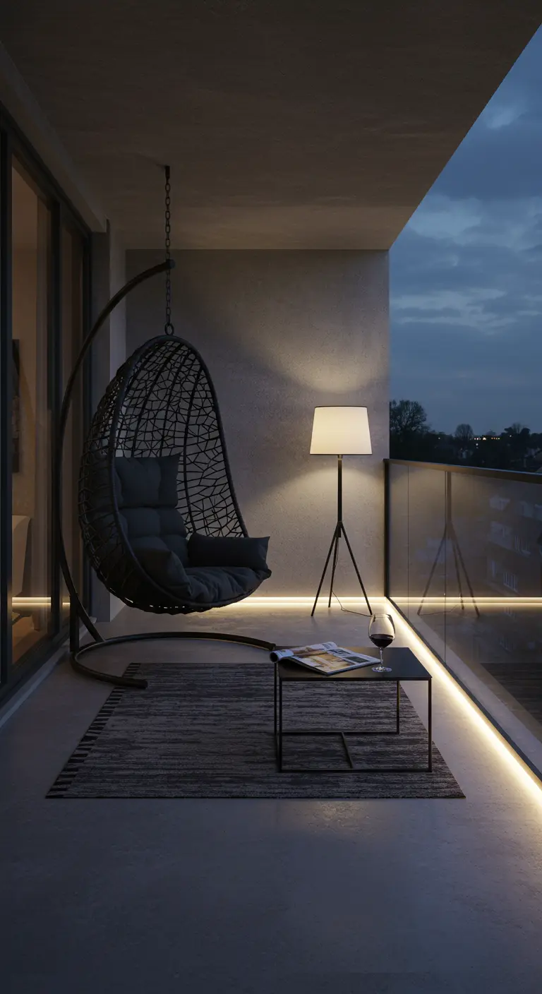Modern balkon met een zwarte hangstoel, strakke vloerlamp en ledstripverlichting langs de vloer.