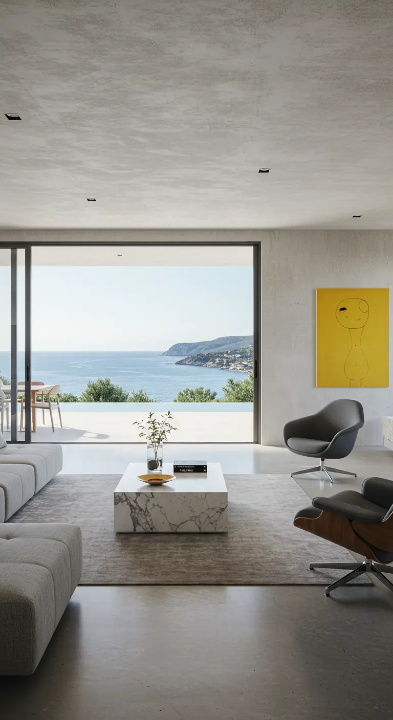 Minimalistische woonkamer met betonnen muren, designstoelen en uitzicht op zee.
