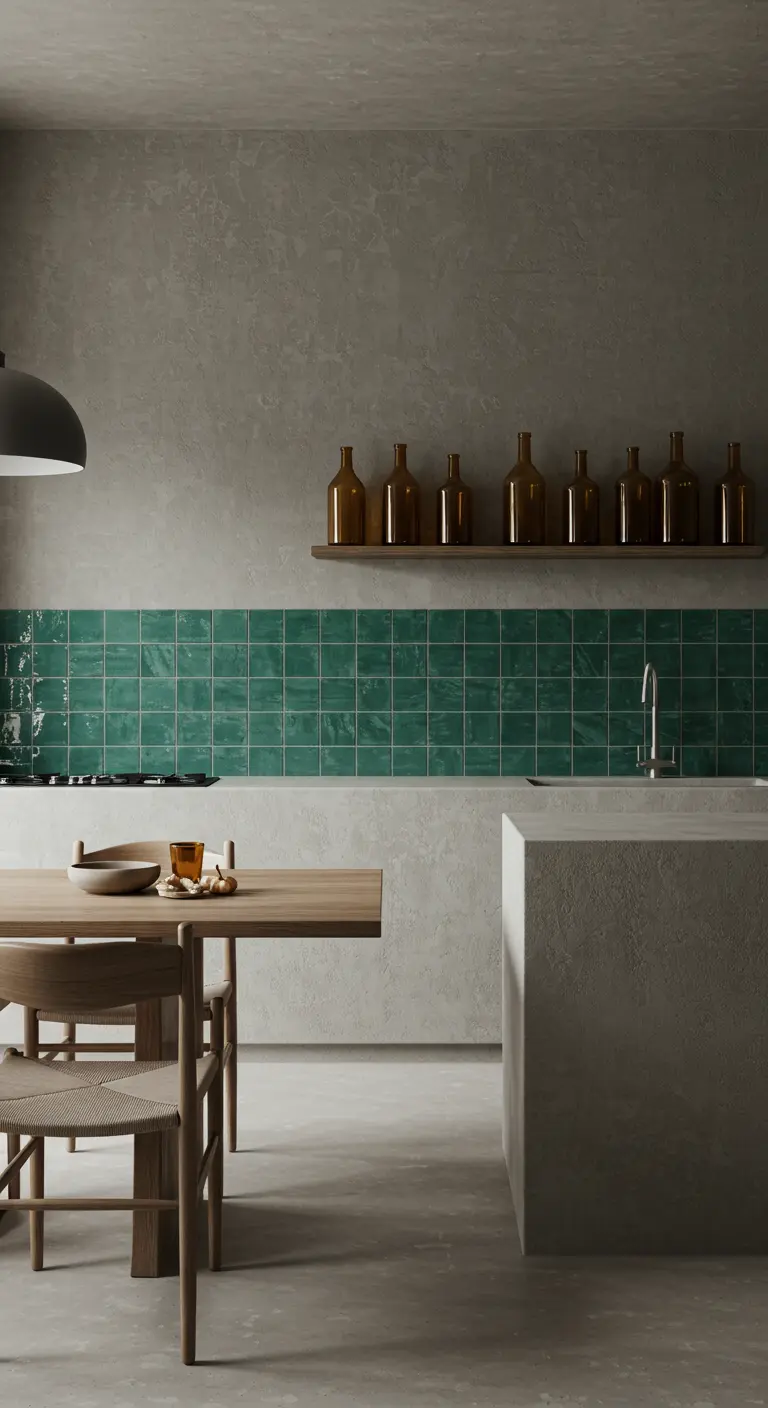 Minimalistische keuken met betonnen muren, een strook groene tegels en een houten tafel.