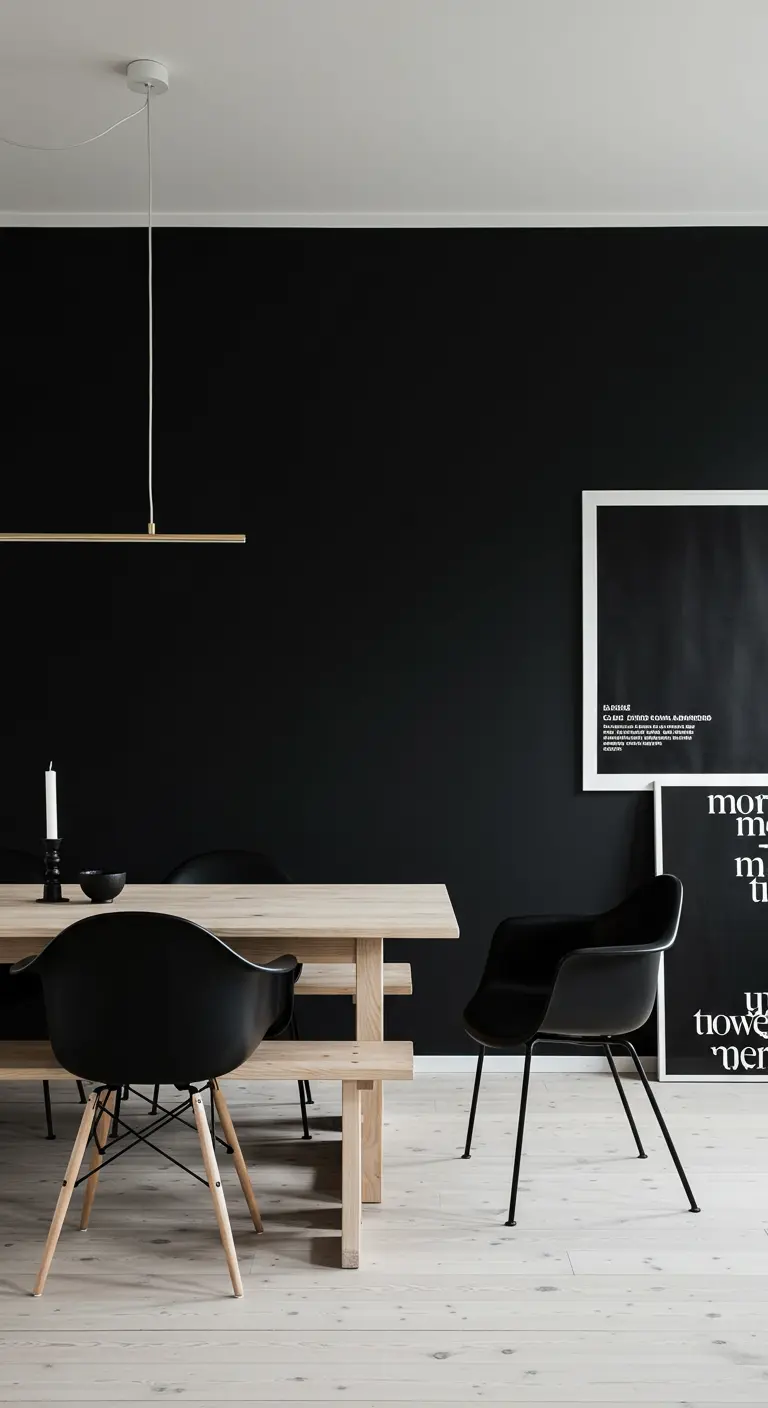 Scandinavische eetkamer met matzwarte muren, een lichte houten tafel met bank en zwarte stoelen.