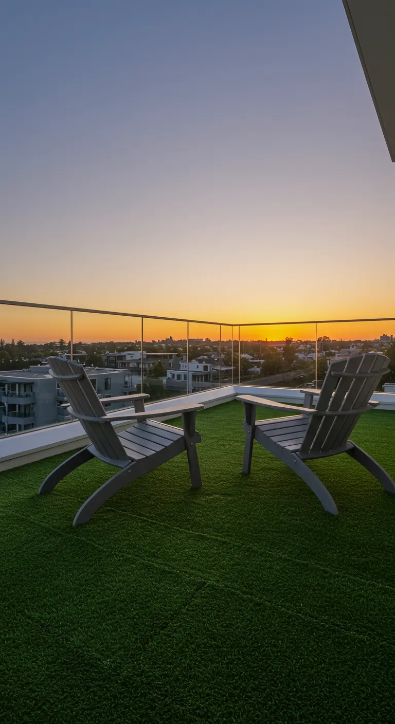 Minimalistisch dakterras met twee stoelen die uitkijken op de zonsondergang boven de stad.