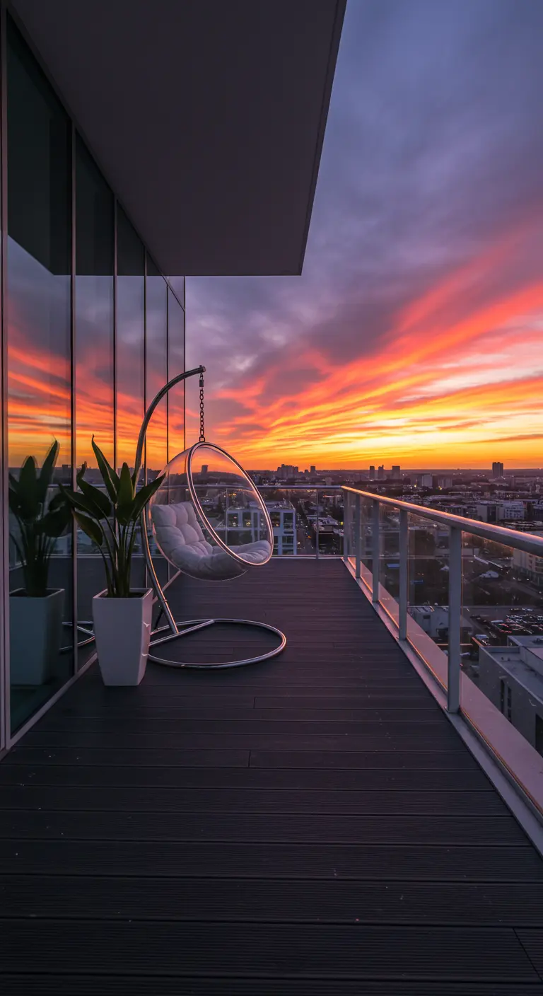 Minimalistisch balkon met een moderne, doorzichtige hangstoel en een vurige zonsondergang.