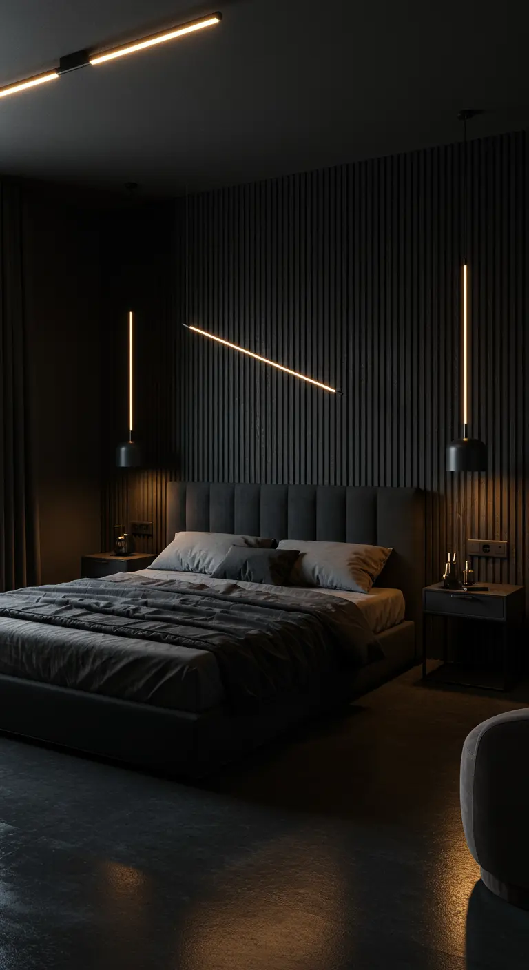 Zwarte slaapkamer met verticale houten lattenwand, strakke lineaire verlichting en een minimalistisch bed.