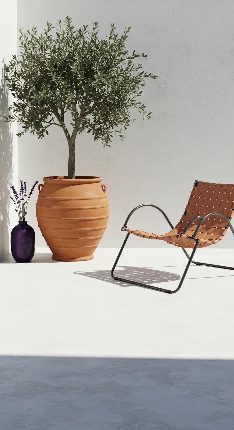 Minimalistische witte ruimte met een grote olijfboom in terracotta pot en een leren stoel.