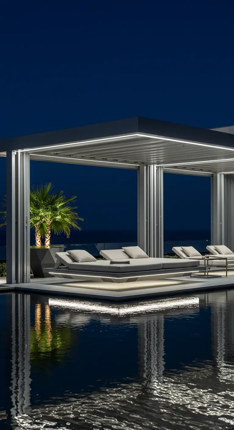 Moderne zwevende ligbedden bij een infinity pool met strakke verlichting, 's nachts, met palmen op de achtergrond.