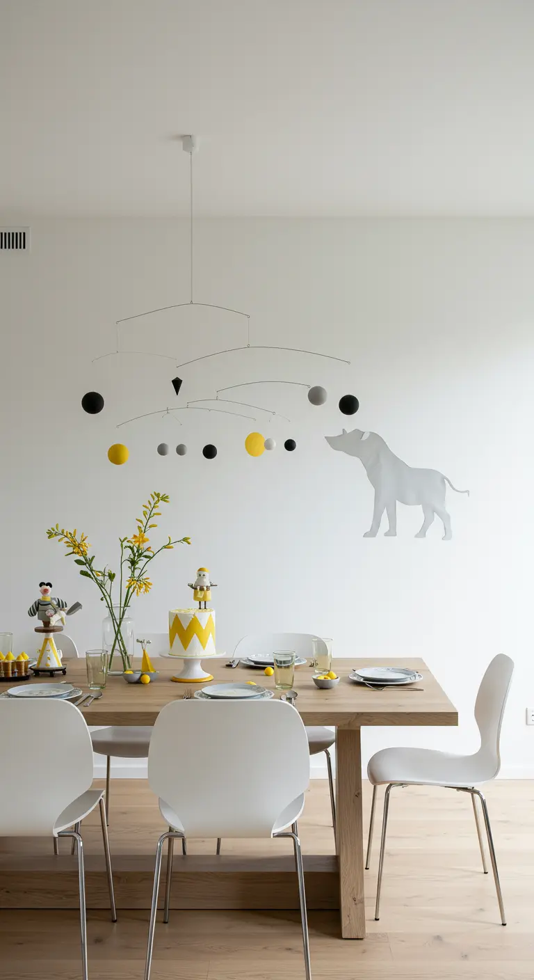 Moderne, minimalistische eetkamer met een subtiele knipoog naar het circusthema.