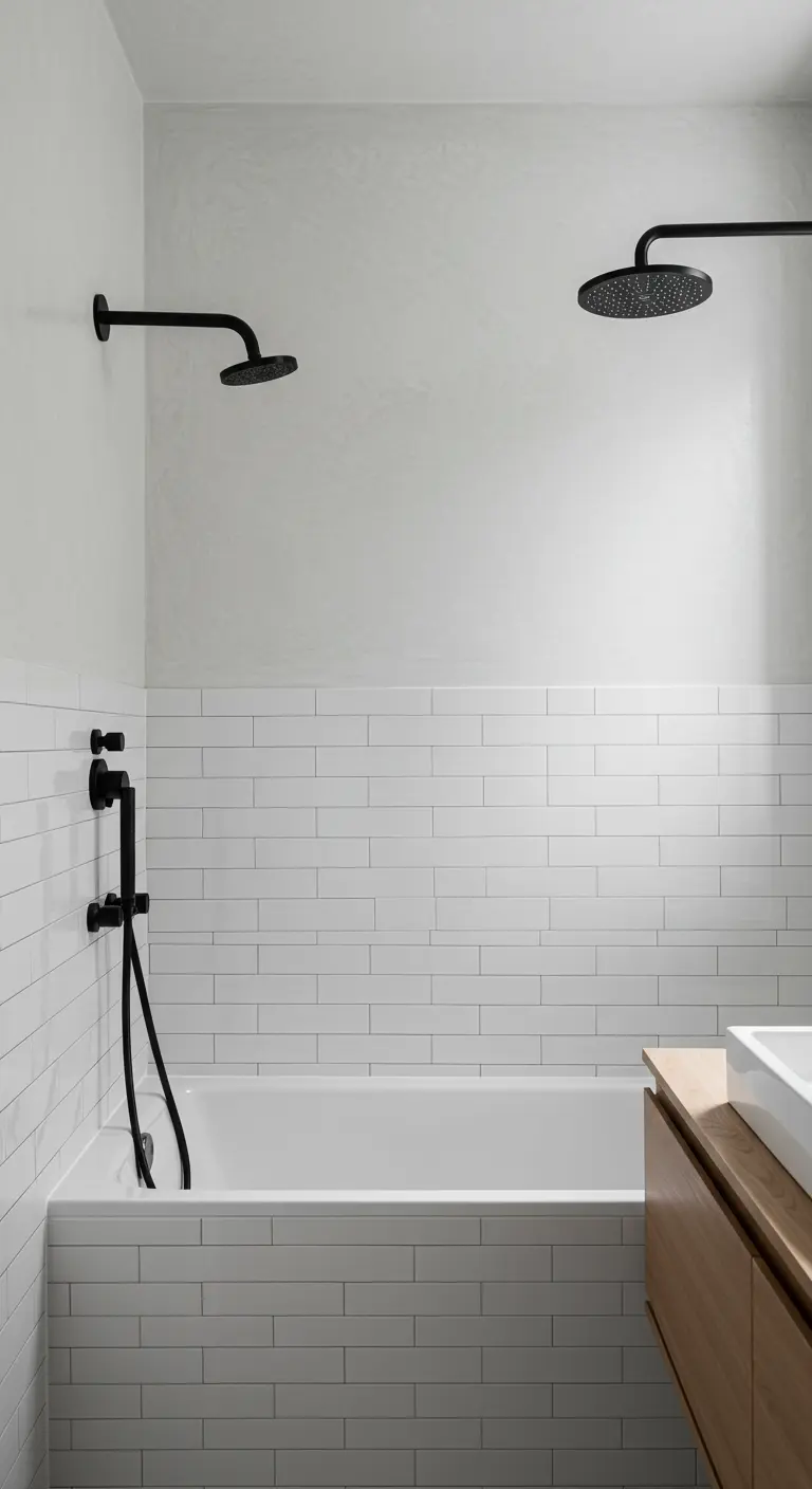 Minimalistische badkamer met witte metrotegels en een lichtgrijze muur erboven.