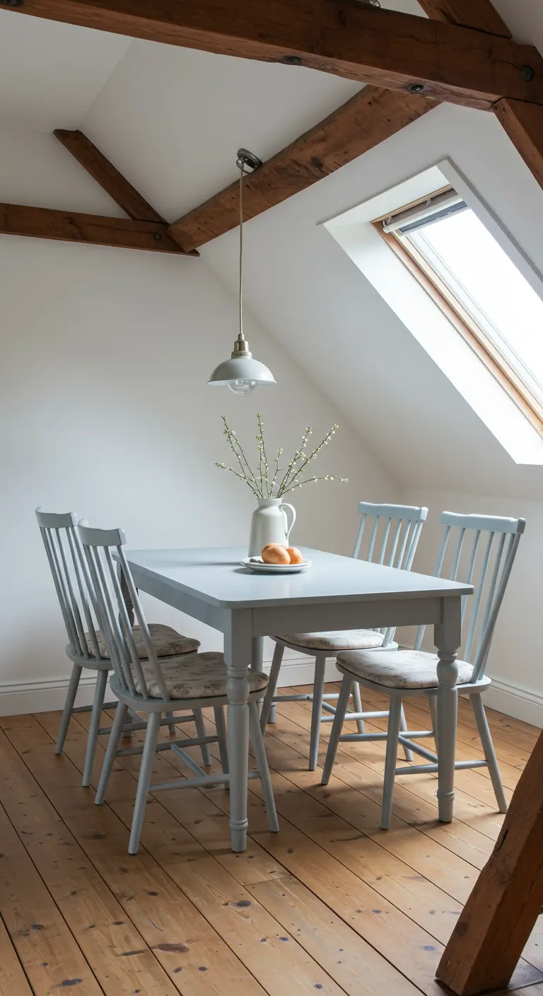 Minimalistische eethoek onder schuin dak met lichtblauwe tafel en stoelen, met bloemkussens.