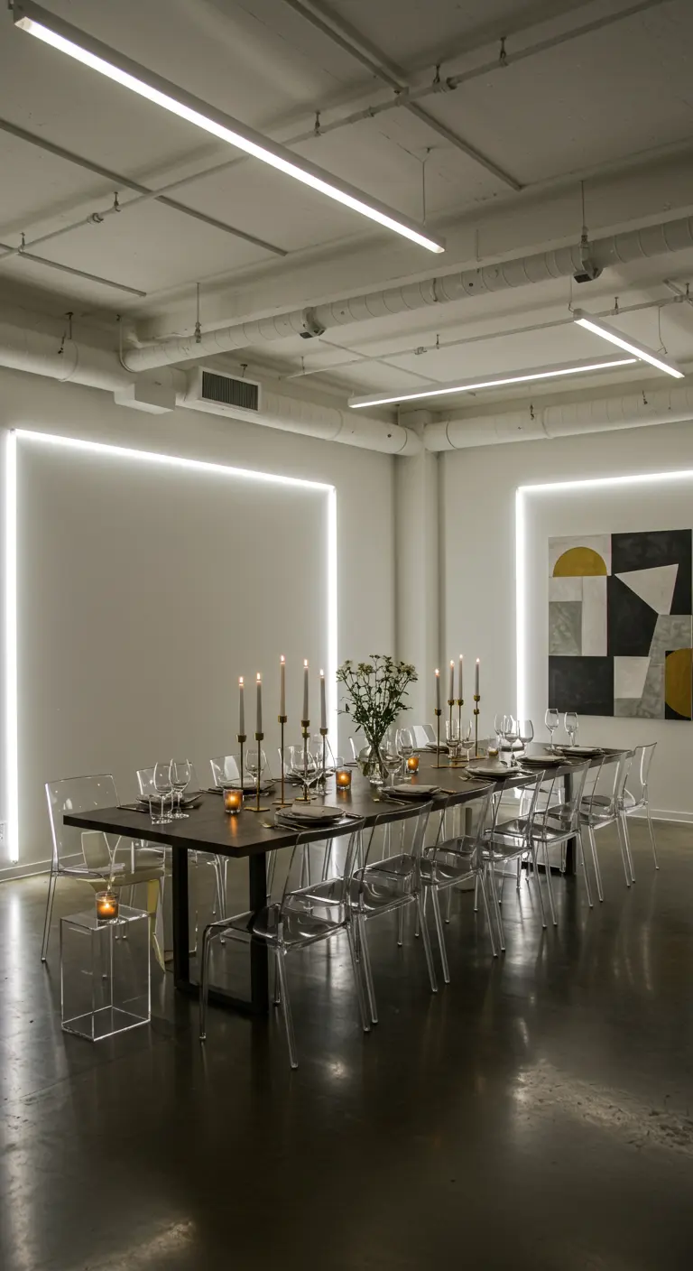 Lange eettafel met transparante stoelen en geometrische LED-verlichting aan de muur in een minimalistische ruimte.