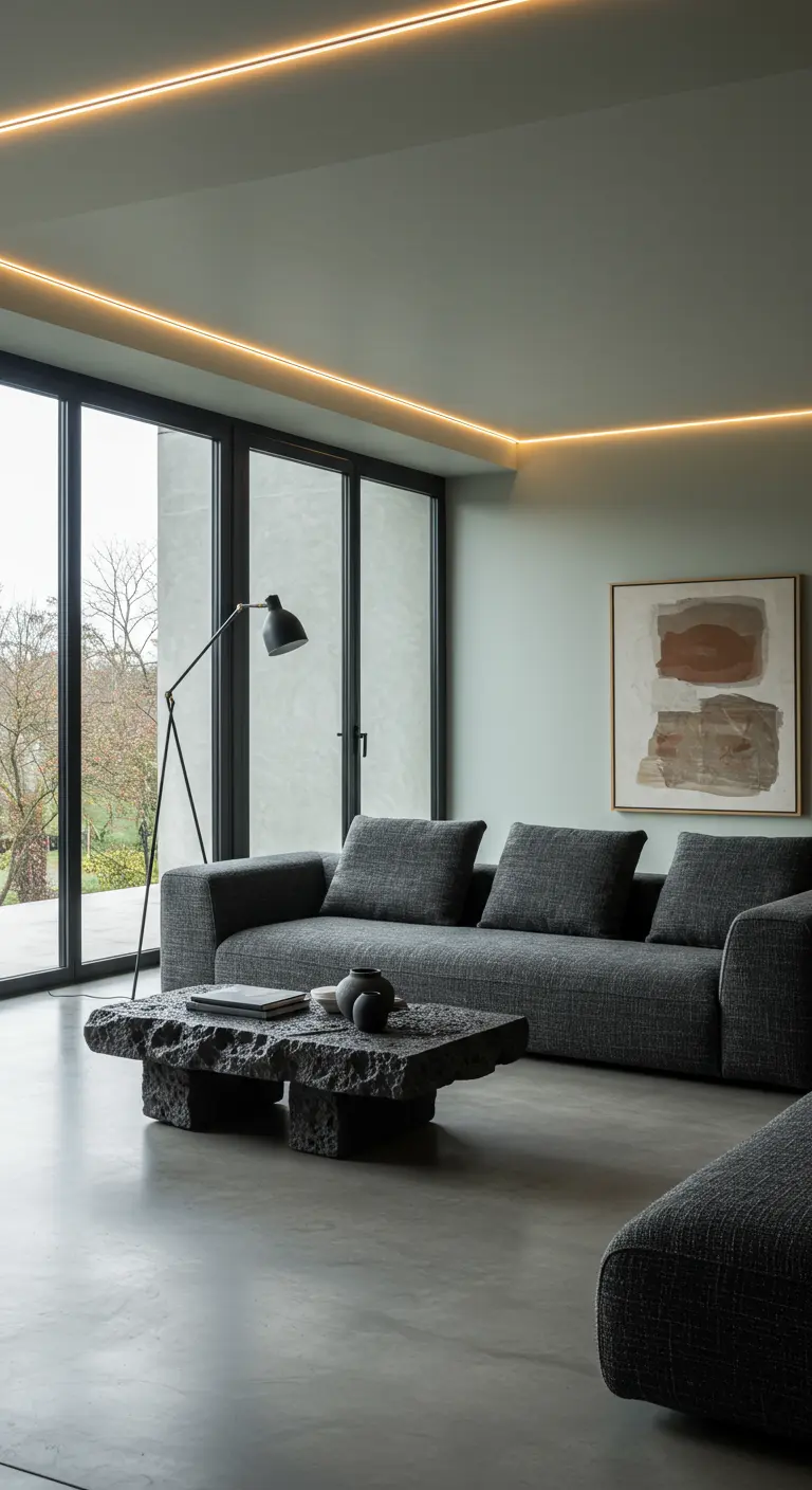 Moderne woonkamer met grijze bank, lavasteen salontafel en amberkleurige stripverlichting