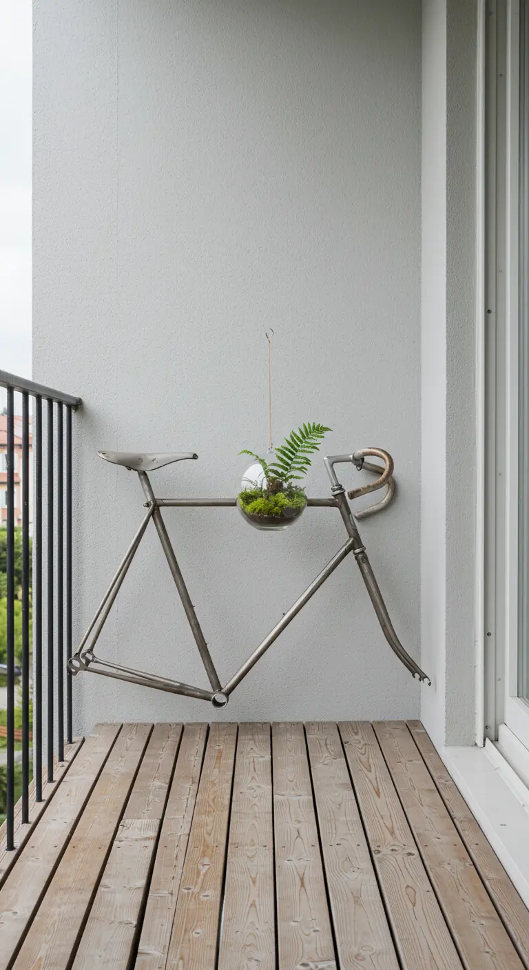 Kaal fietsframe hangt aan een grijze balkonmuur met een klein hangend terrarium eraan.