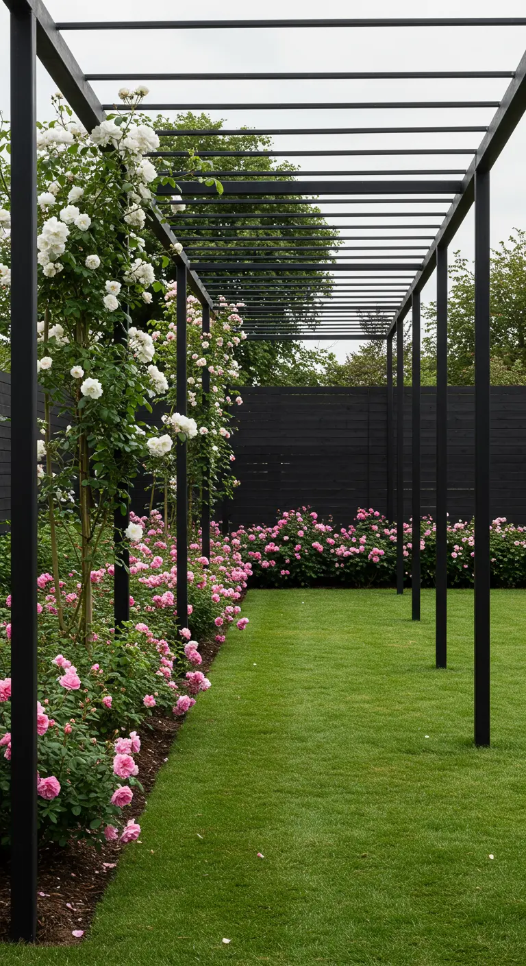 Moderne, zwarte metalen pergola met witte en roze rozen in een strak aangelegde tuin.