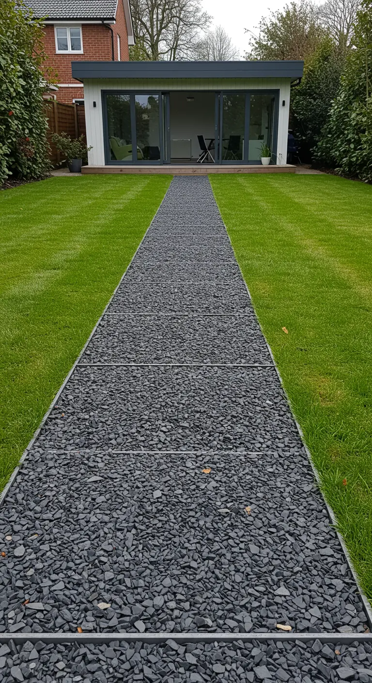 Een lang, recht pad van donkergrijs grind met metalen randen, over een strak gemaaid gazon.