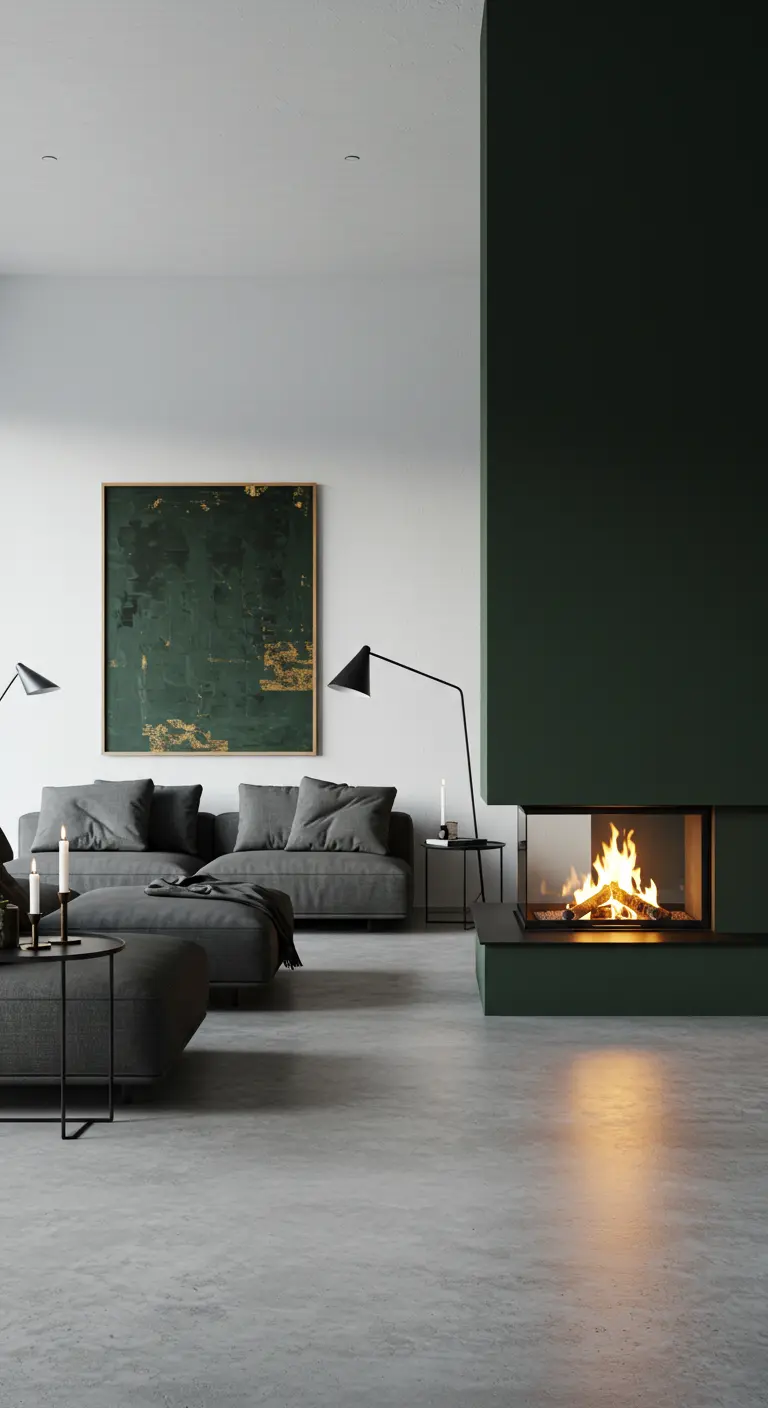 Moderne minimalistische woonkamer met donkergroene open haard, grijze bank en abstract schilderij.