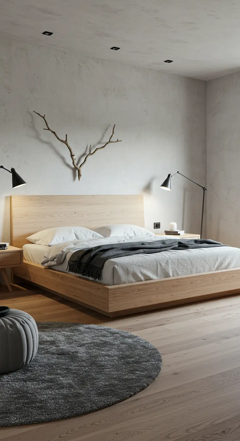 Minimalistische slaapkamer met houten bed, grijze wanden, een ronde grijze vloerkleed, en een decoratieve tak boven het bed.