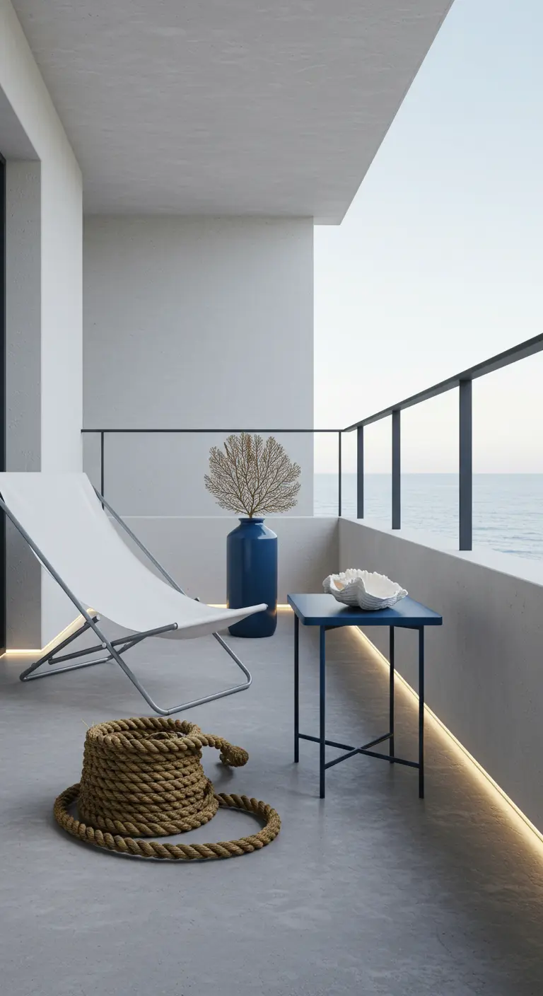 Minimalistisch nautisch balkon met witte muren, blauwe vaas, blauw bijzettafeltje, en een opgerold touw op de vloer.