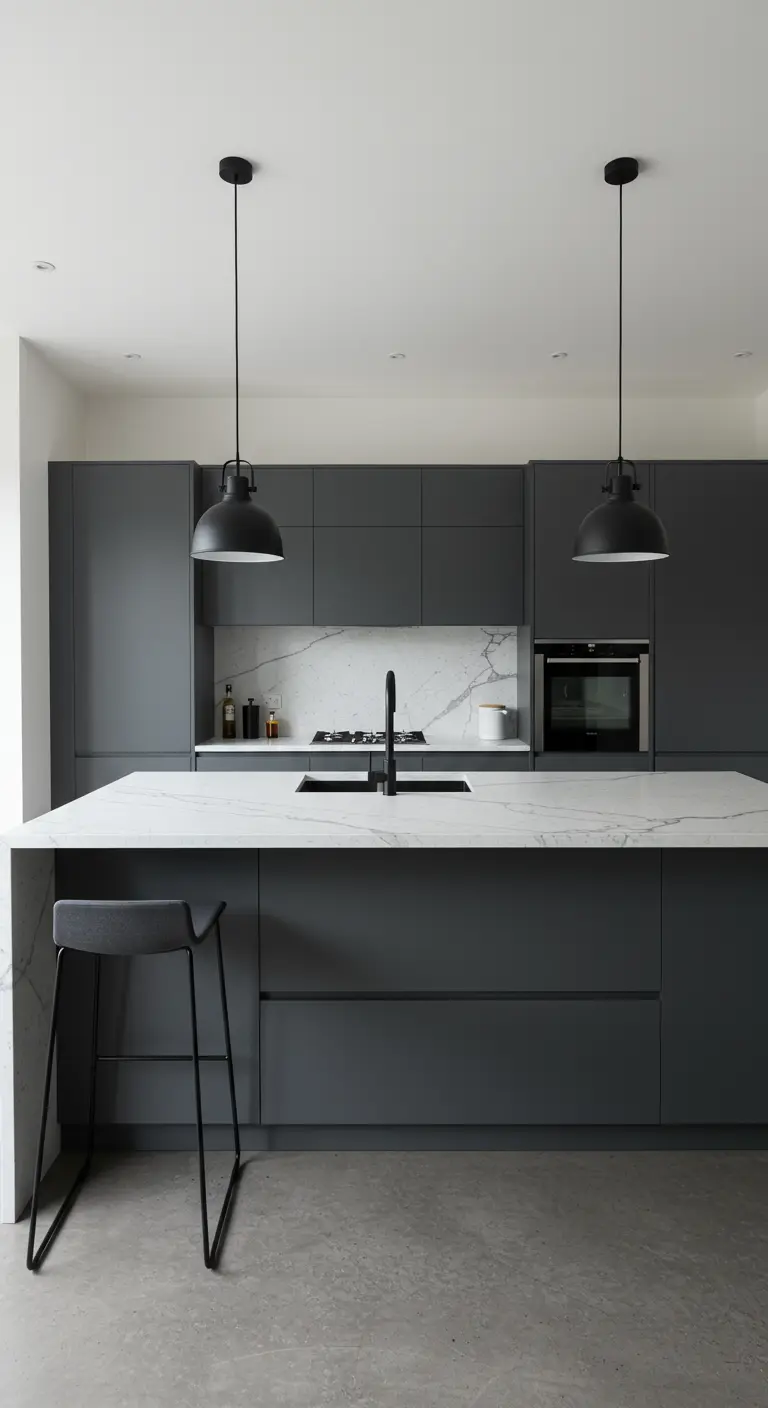 Matte donkergrijze kasten met glanzend wit marmeren backsplash en eilandblad in moderne keuken.