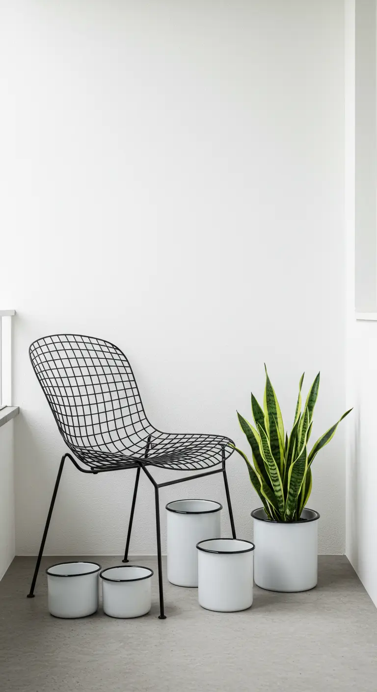 Minimalistische hoek met een zwarte designstoel en een groep witte emaille potten met een Sansevieria.