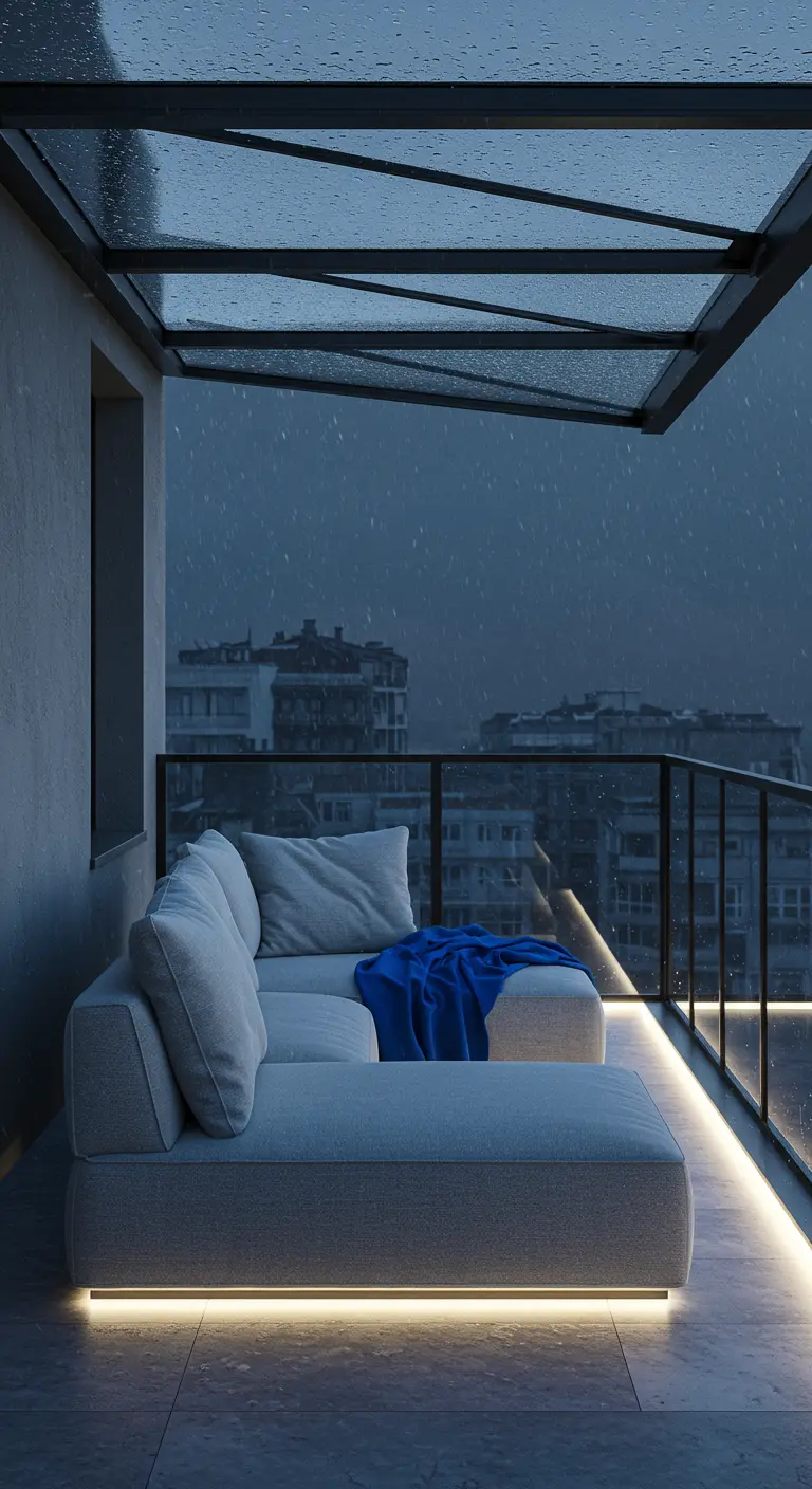 Modern balkon met een lichte loungebank die van onderen is verlicht met LED, in de avondregen.