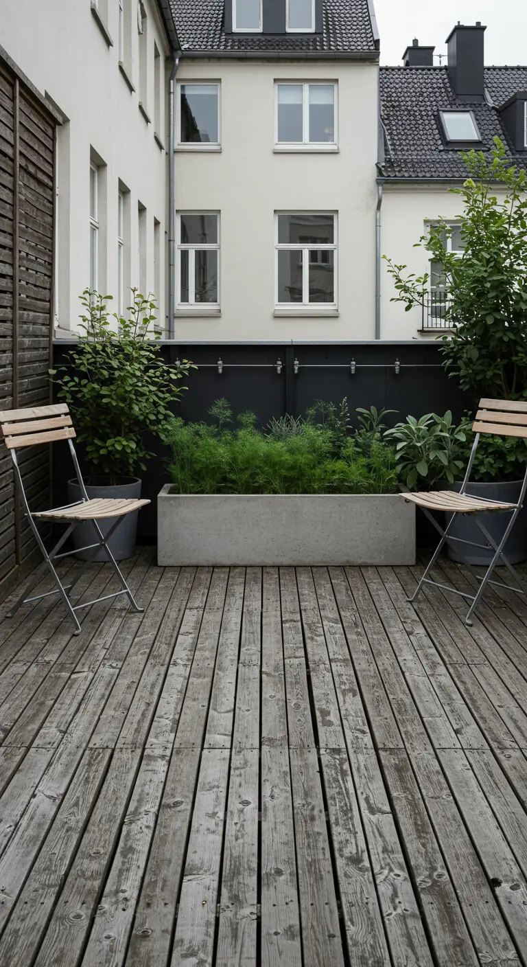 Grijze houten vlonder met betonnen plantenbak en twee klapstoelen.