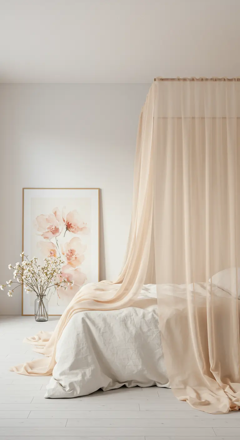 Minimalistische witte slaapkamer met een bed omhuld door een doorschijnende beige klamboe.