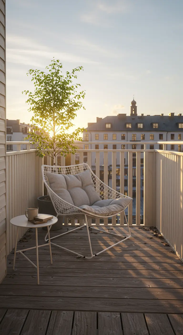 Moderne witte metalen stoel op minimalistisch balkon met stadsgezicht bij zonsopgang.