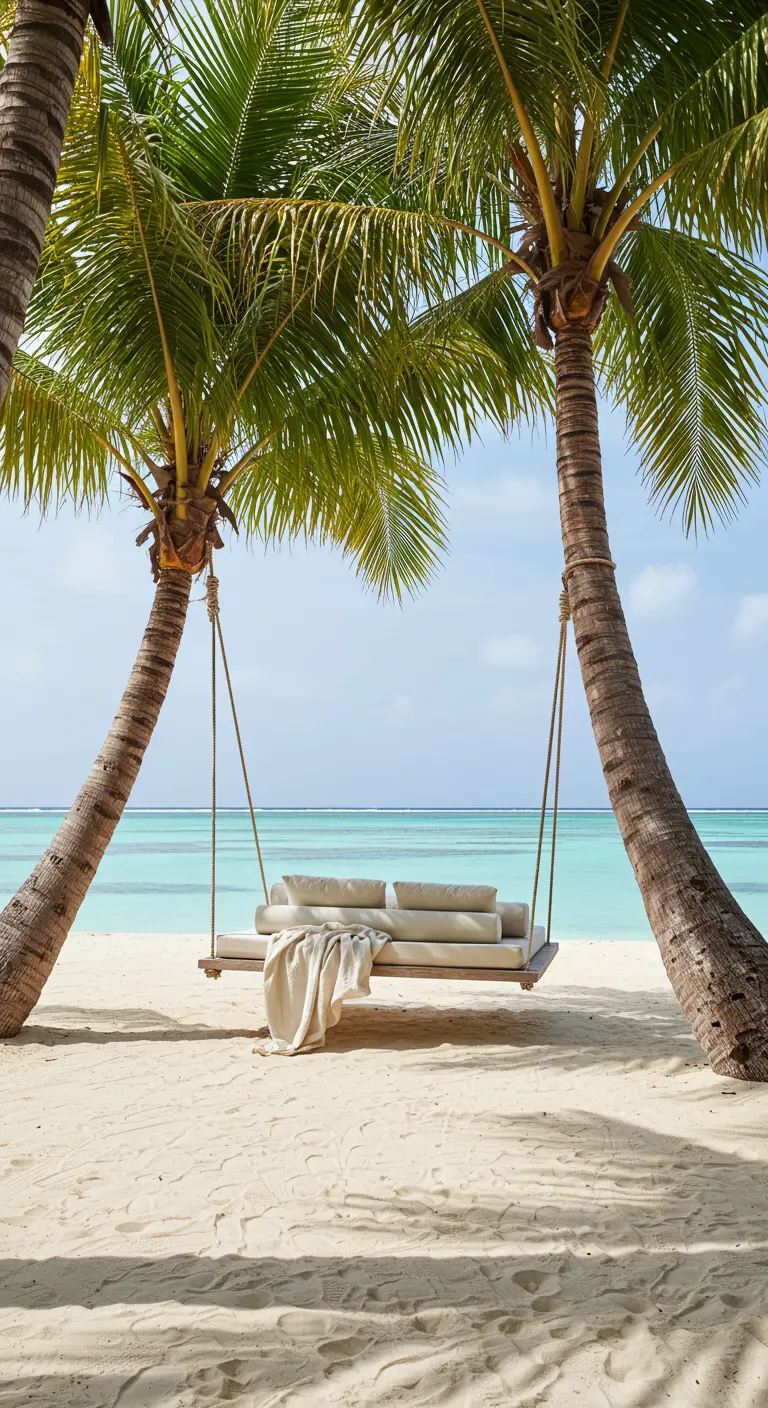 Simpel houten daybed met lichte kussens, hangend tussen twee palmbomen op een wit zandstrand.