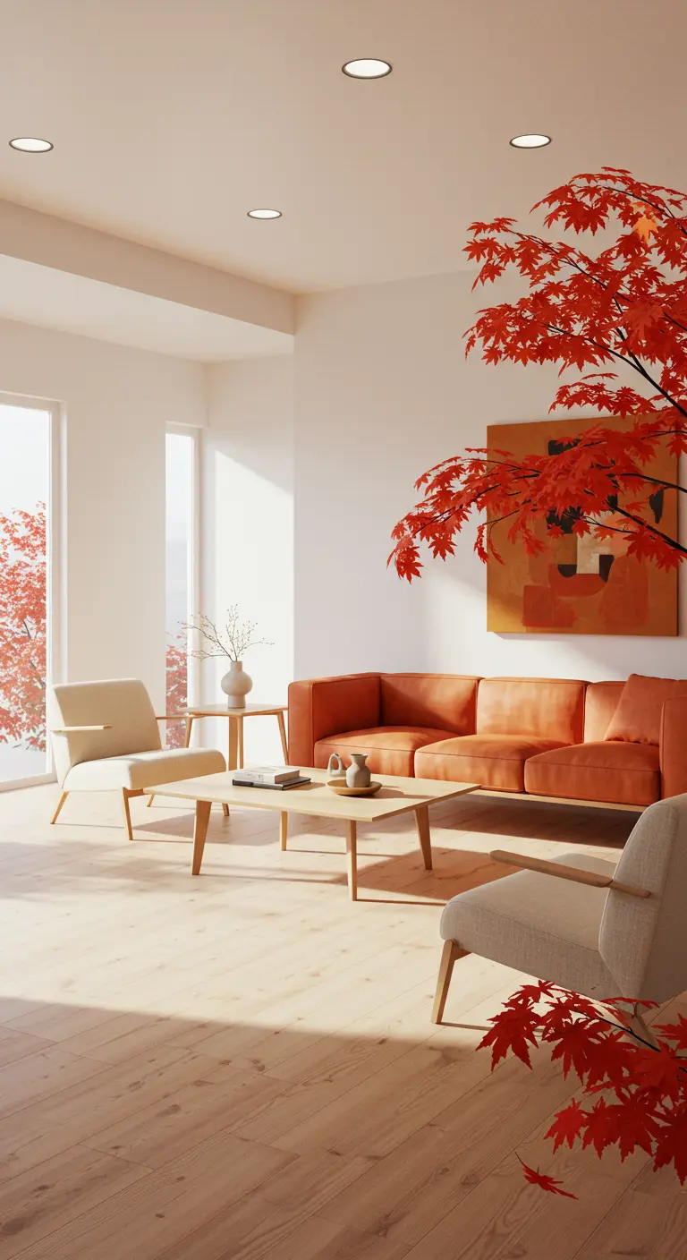 Minimalistische woonkamer met oranje bank en uitzicht op een rode esdoorn.