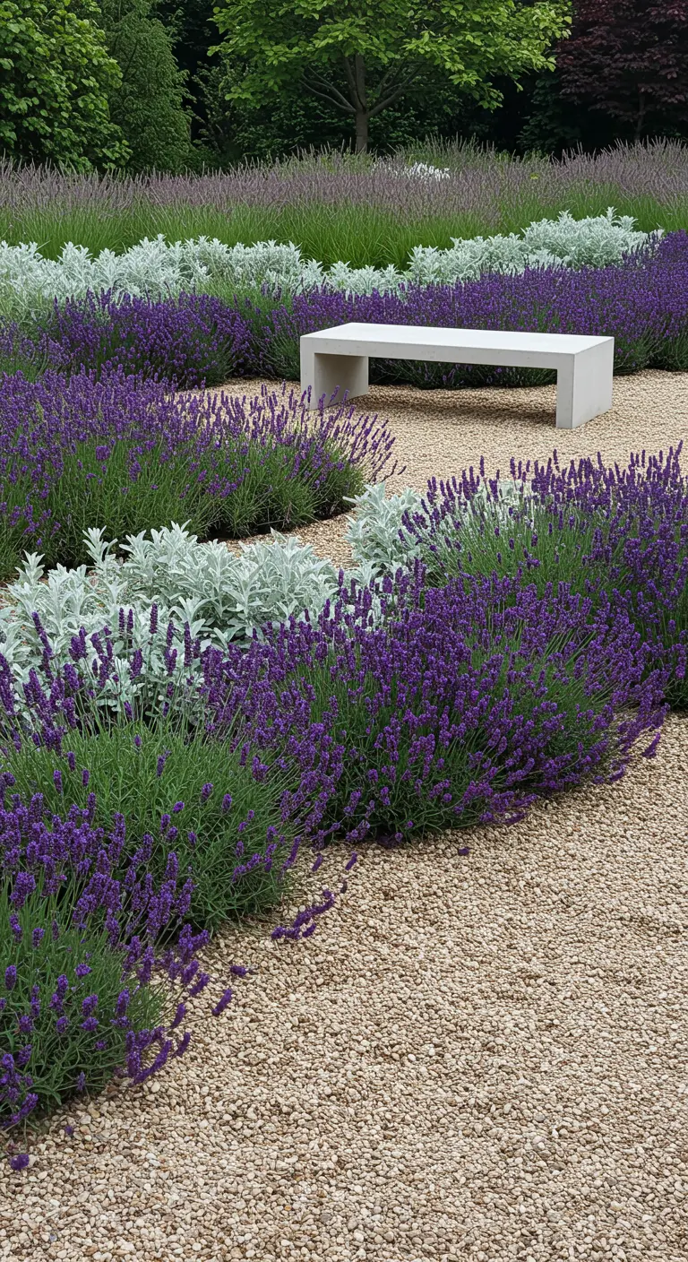 Moderne tuin met grind, lavendel, zilverstruikjes en een betonnen bank.