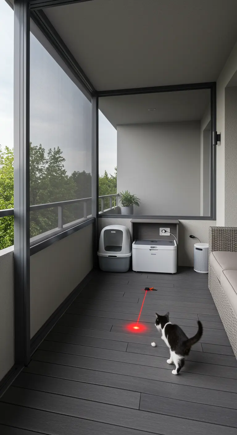 Kat speelt met een rode laserstip op een modern, minimalistisch balkon.