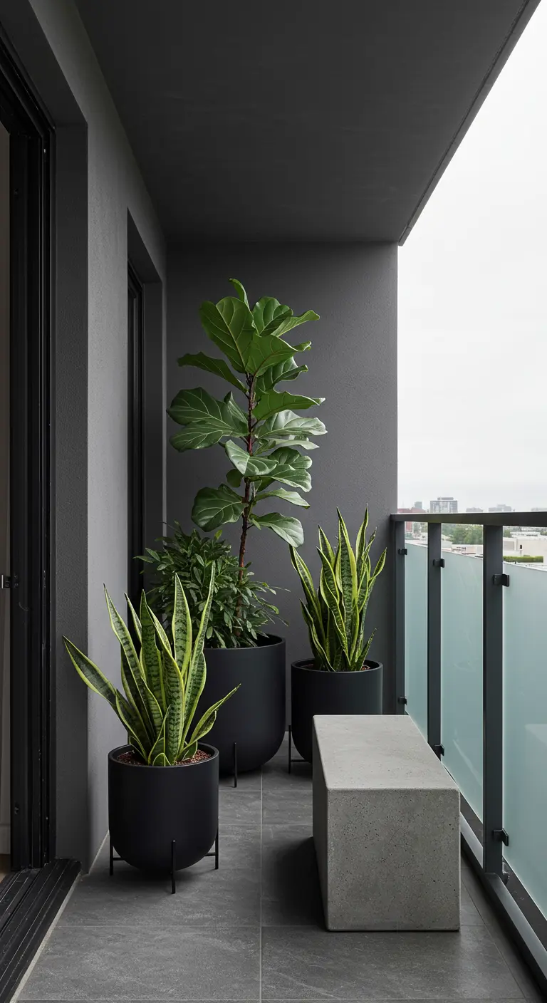 Modern, grijs balkon met drie grote planten in zwarte potten en een strak betonnen bankje.
