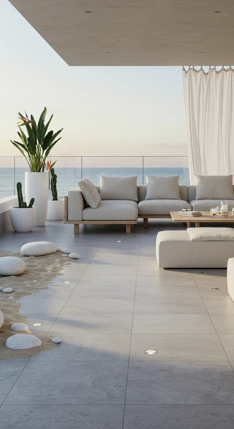 Modern balkon met zandvlakte, grote keien, strakke meubels en ingebouwde verlichting.