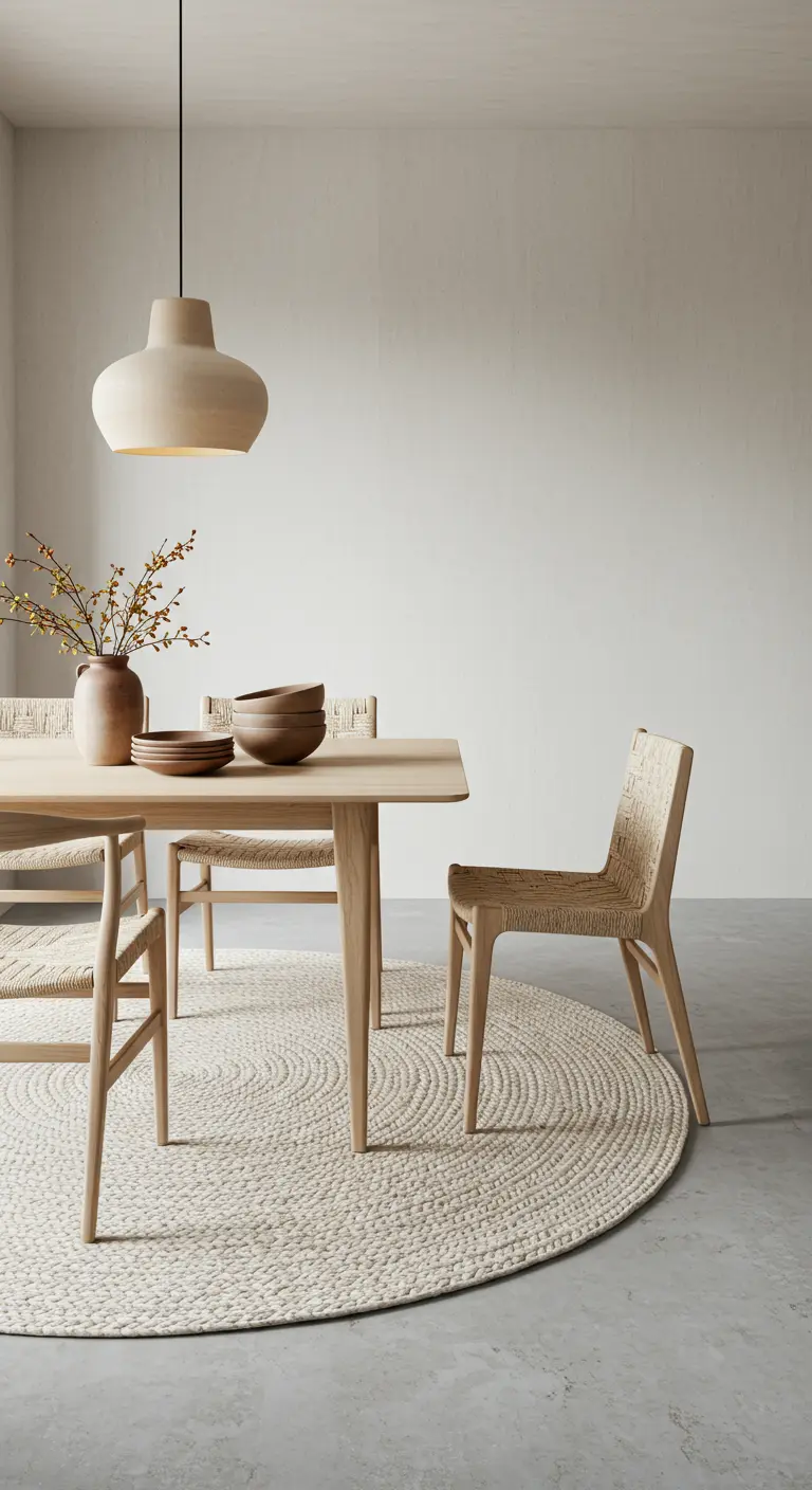 Minimalistische eetkamer met lichte houten tafel, geweven stoelen, rond vloerkleed en lichte hanglamp.