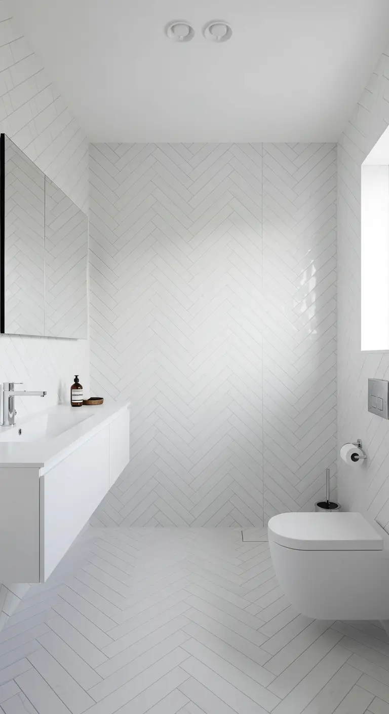 Witte minimalistische badkamer met visgraattegels op vloer en wanden.