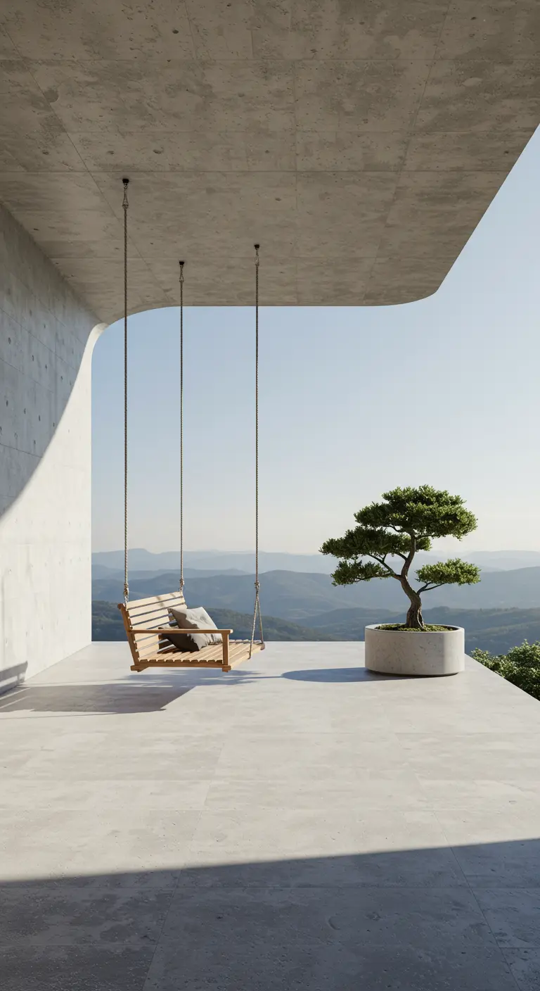 Moderne betonnen veranda met houten schommelbank, berglandschap, bonsai.